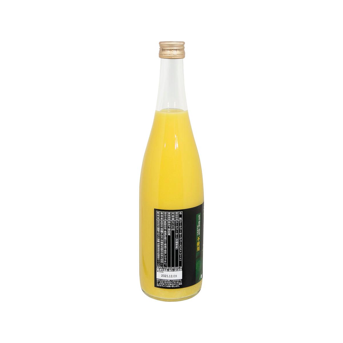 Yanbaru Shikuwasa juice bottle, back label view with clear glass and gold cap