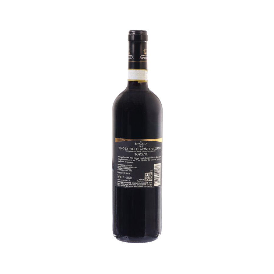 LA BRACCESCA red wine bottle, dark glass, back label and barcode sticker