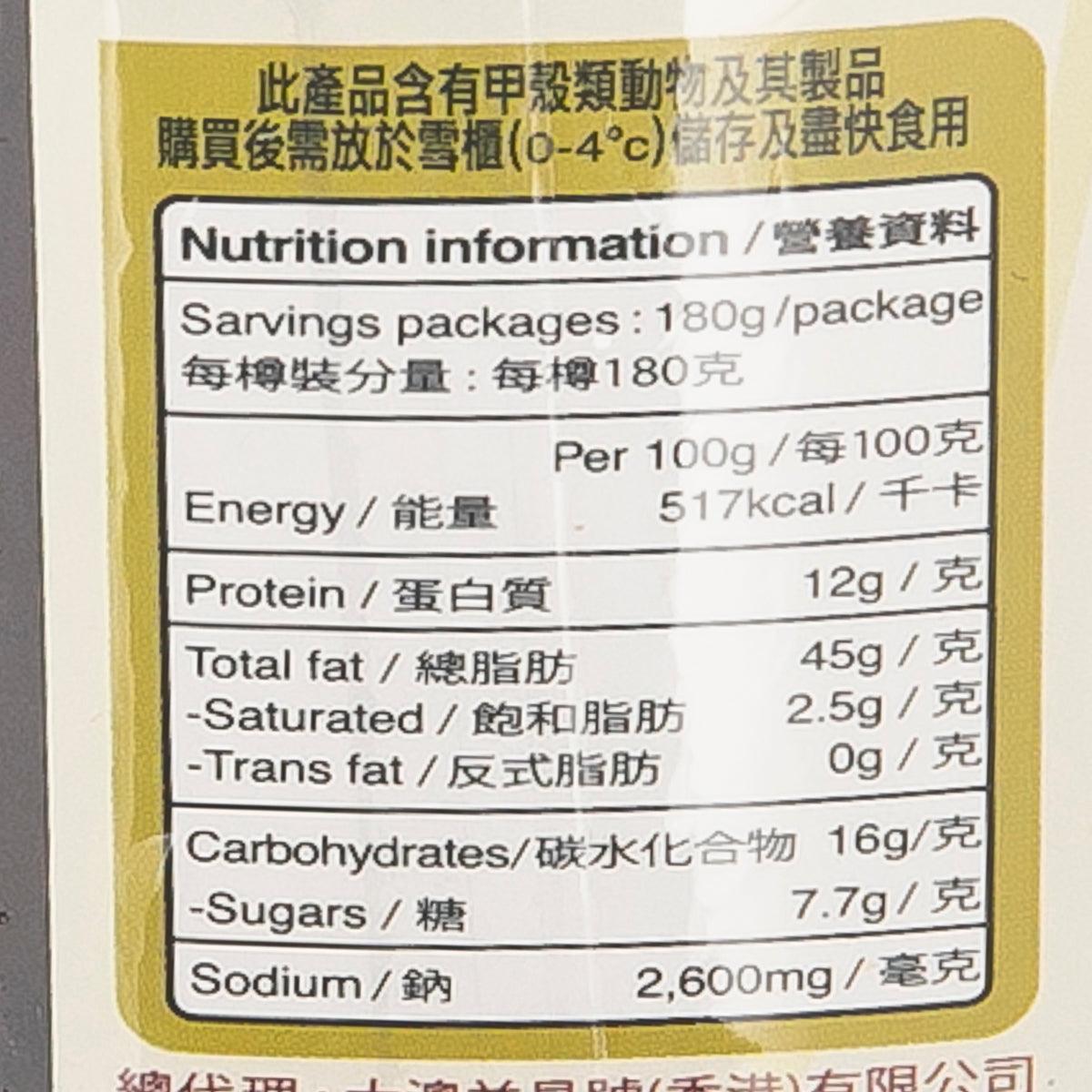 Nutrition information panel for 180g cooked shrimp sauce, energy and nutrients table