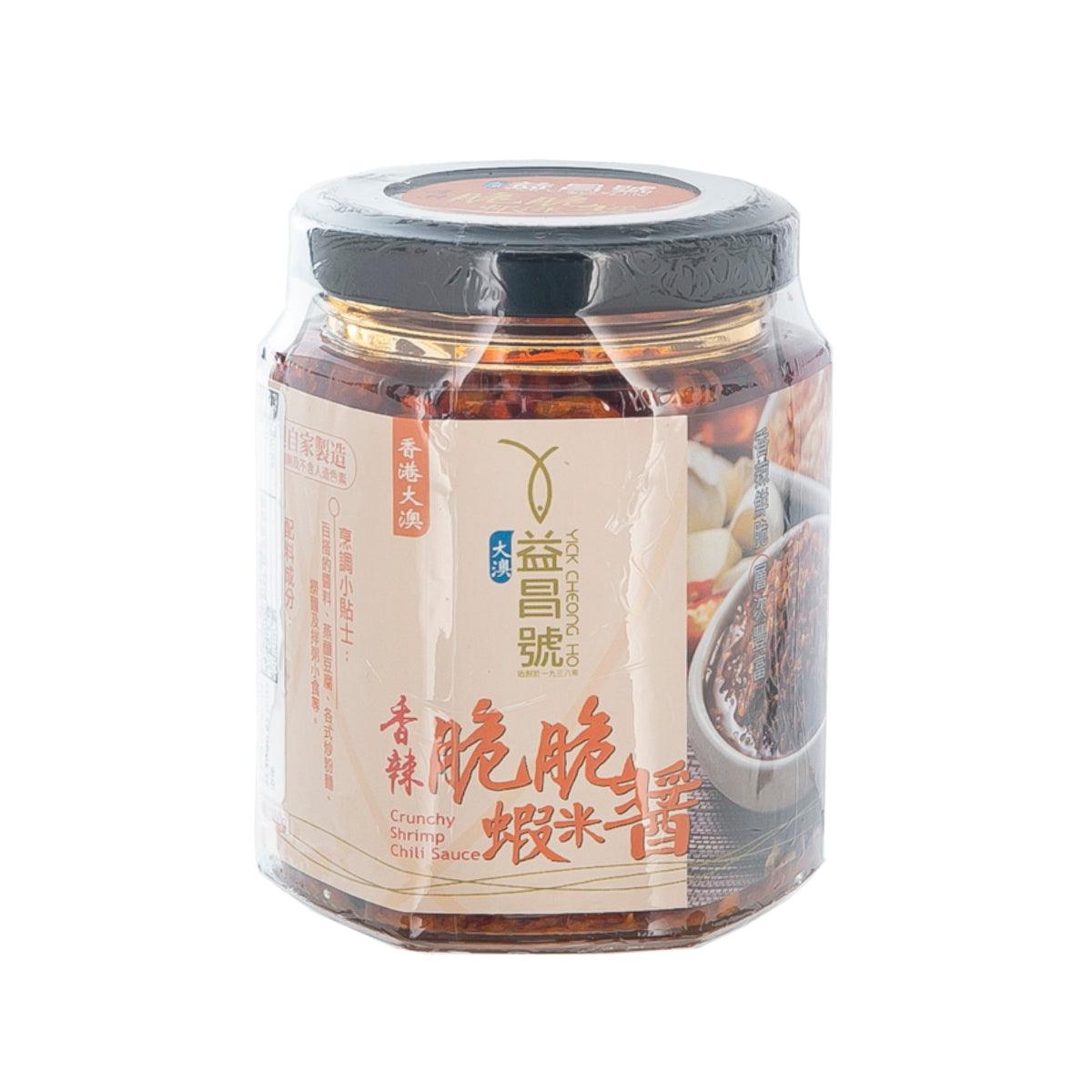 Crunchy shrimp chili sauce jar with clear plastic wrap and red label, 180g