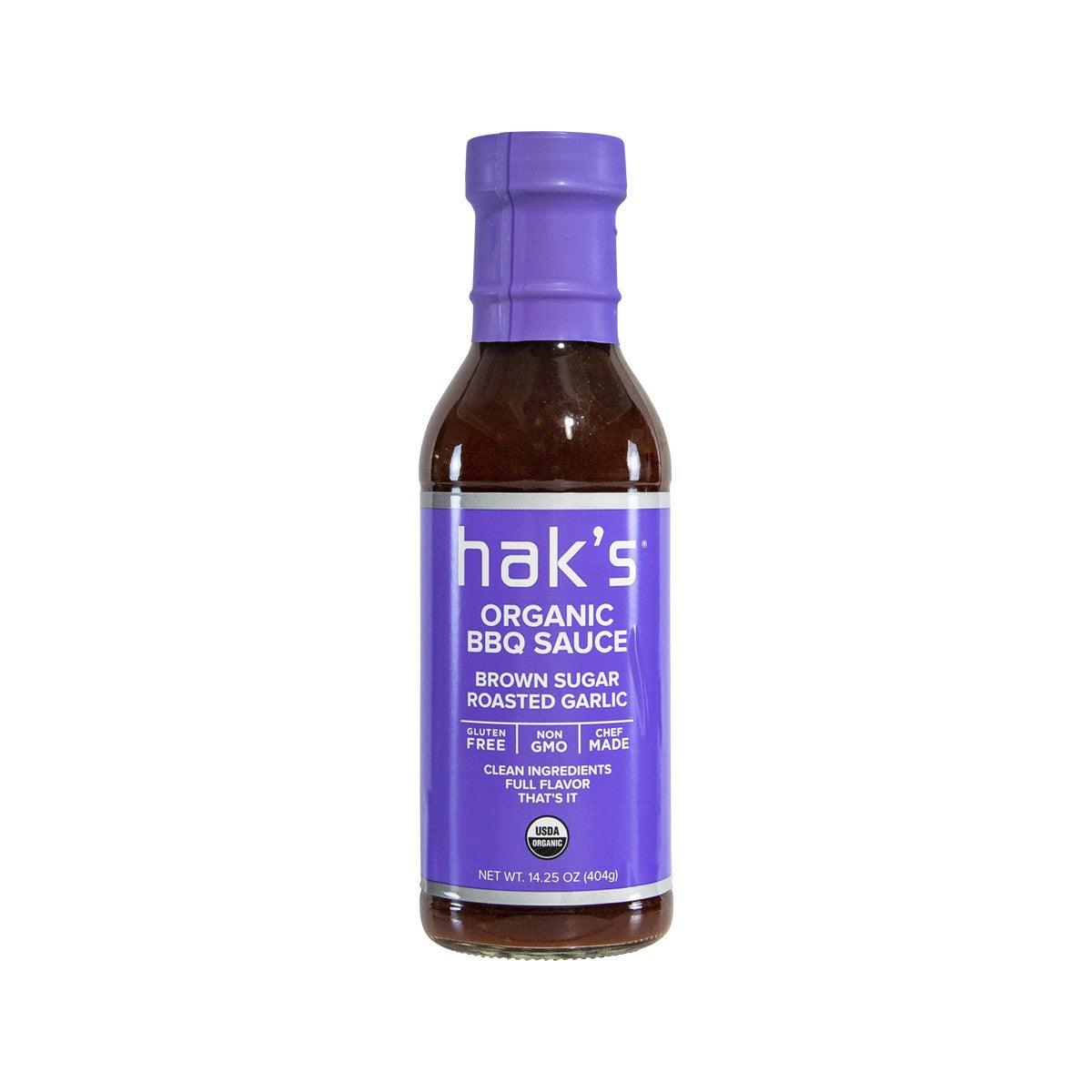 HAK'S organic BBQ sauce bottle, brown sauce, purple cap and label