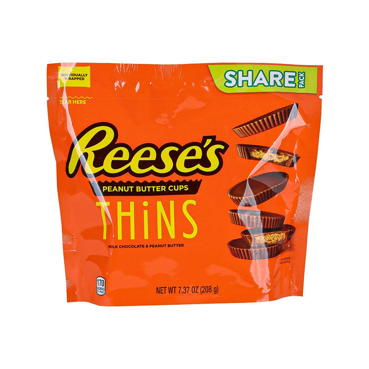Reese's Thins bag in orange, milk chocolate & peanut butter cups, 208 g.