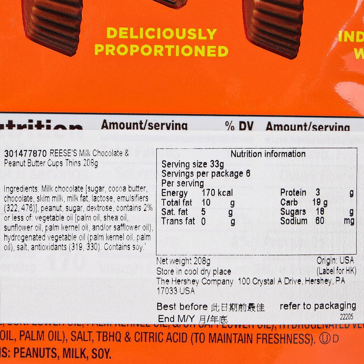 Reese's Thins nutrition facts panel on orange bag with ingredient details.