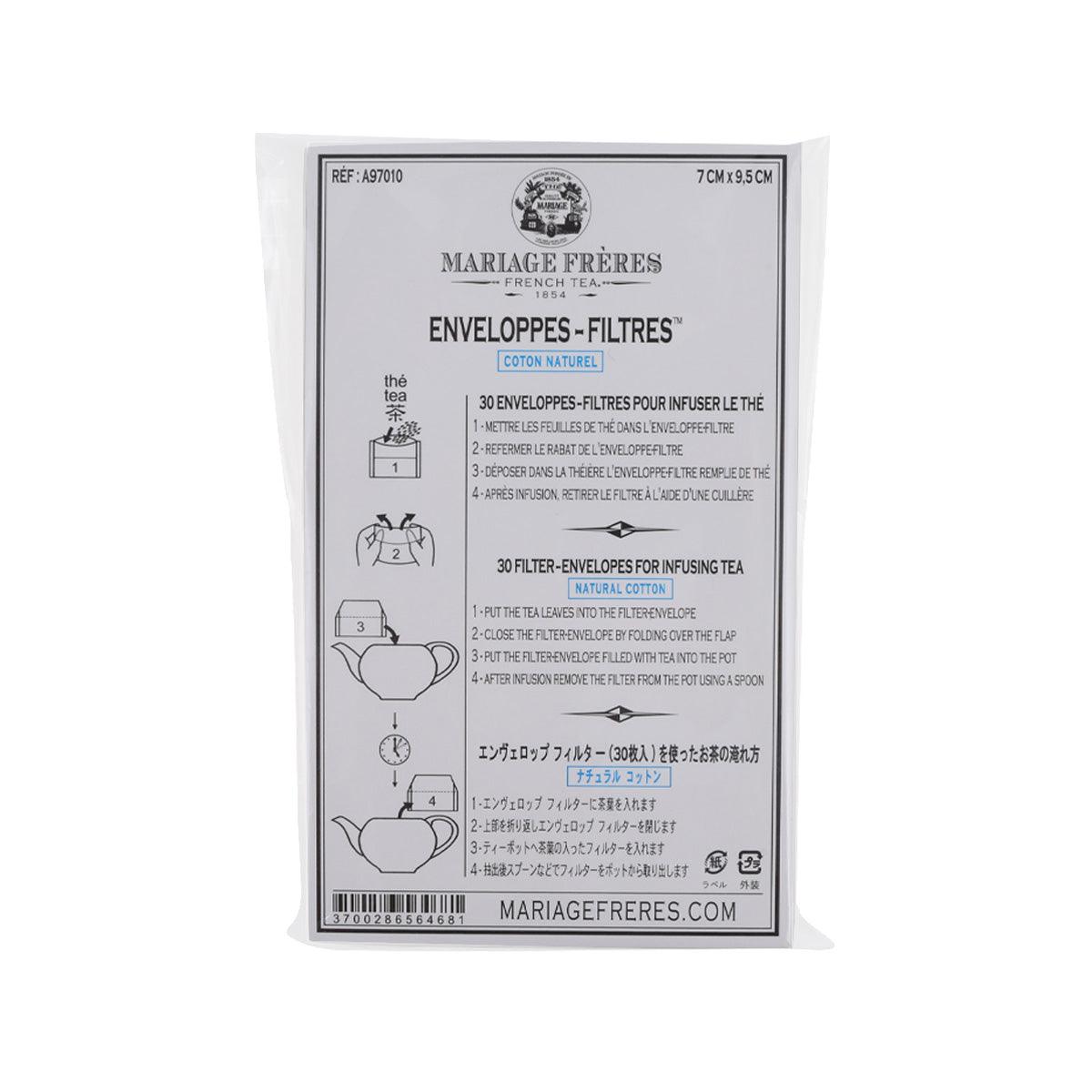 MARIAGE FRERES envelope tea filters, 7cm x 9.5cm, labeled instructions on wrapper