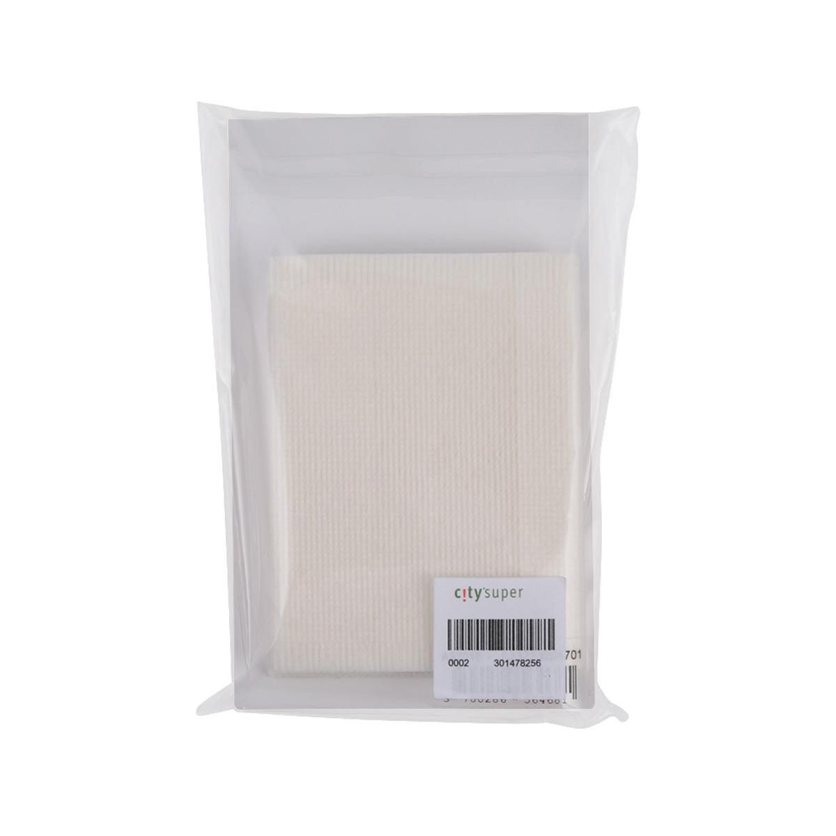 Tea filter bag, pale mesh square in clear plastic pouch with barcode label
