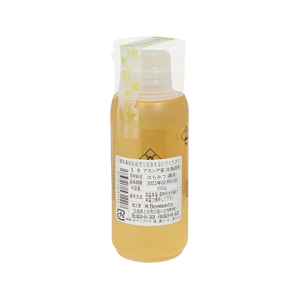 BEEMONTE Japanese acacia honey bottle, back label with barcode and ingredient text