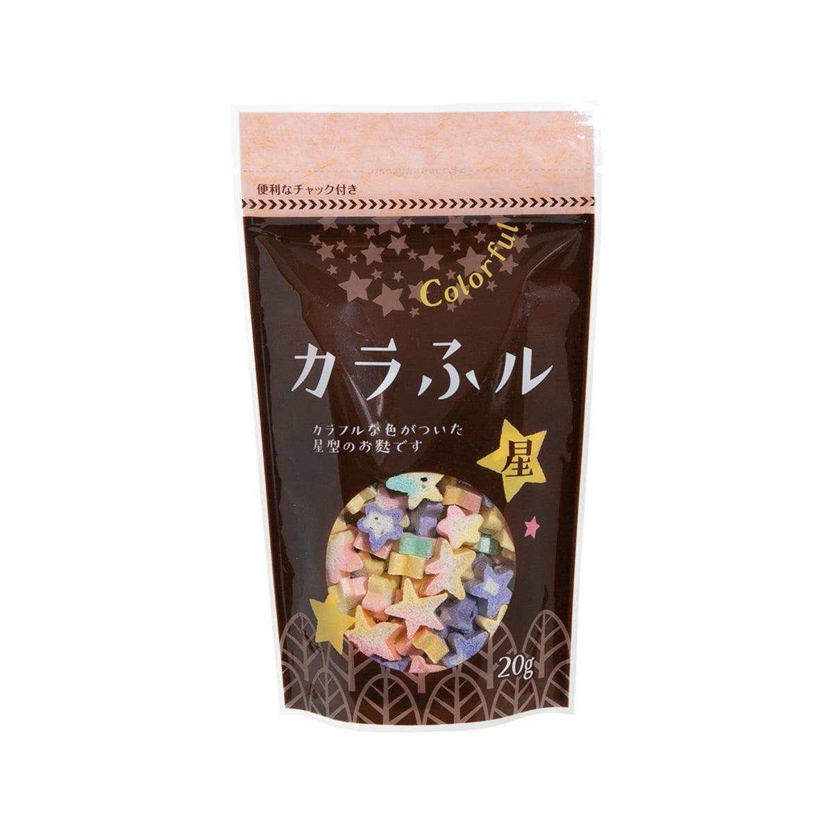 Star-shaped colorful baked wheat gluten snack pouch, 20g, front with star-shaped pieces