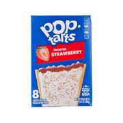 Frosted strawberry Pop-Tarts box with blue package and pastry graphics