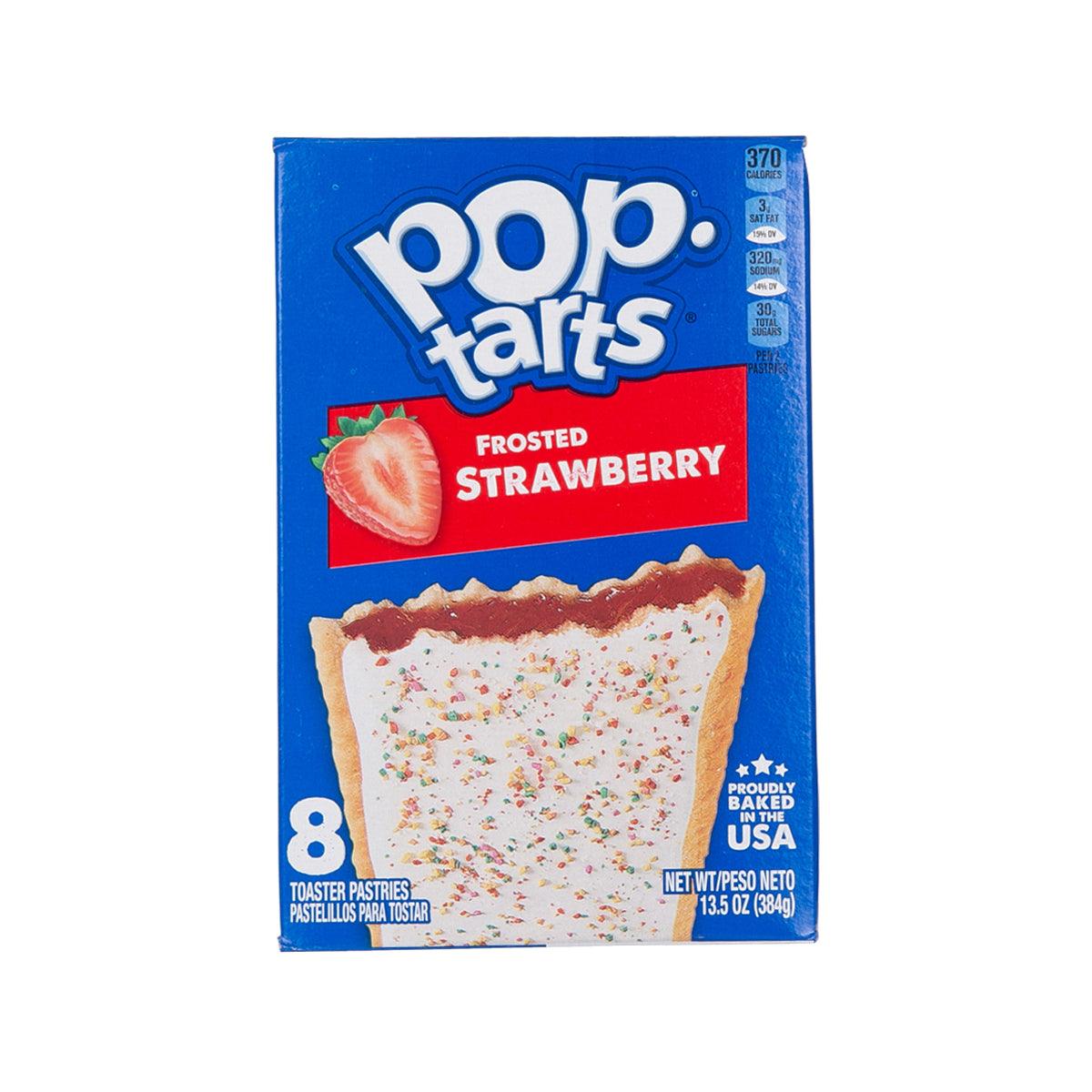 Frosted strawberry Pop-Tarts box with blue package and pastry graphics