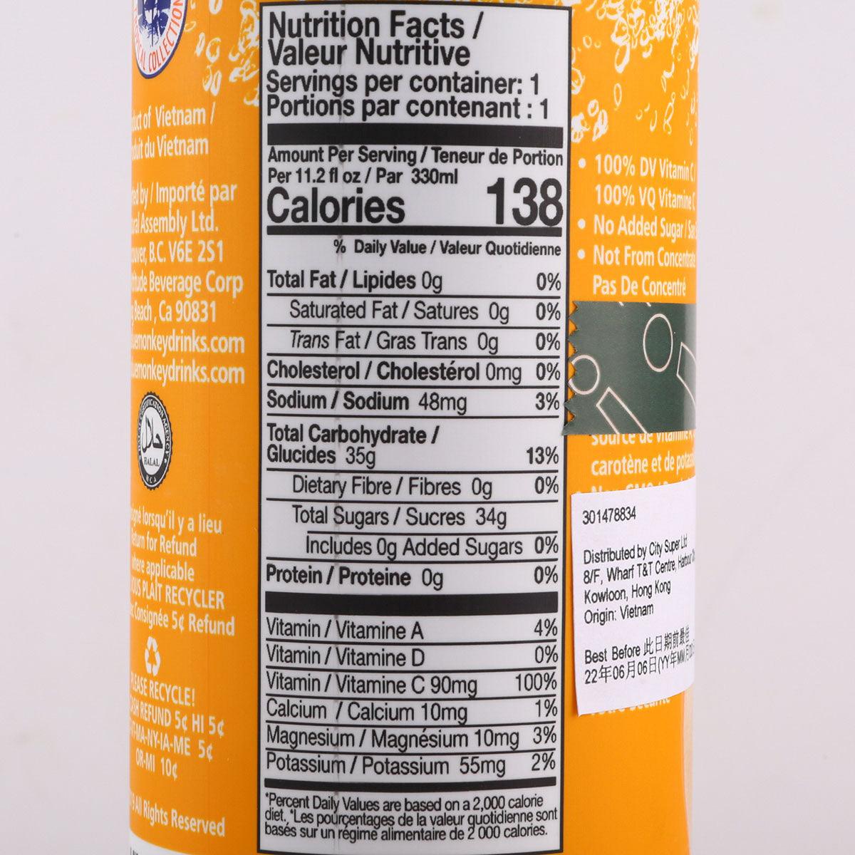 Nutrition facts panel for mango sparkling juice drink on 330 mL can