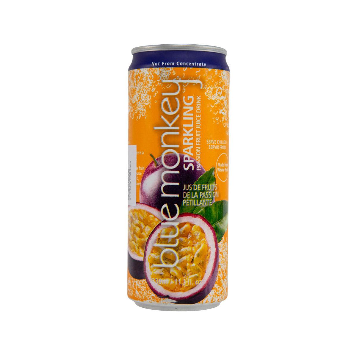 Orange sparkling passion fruit juice drink can, front label with fruit graphic