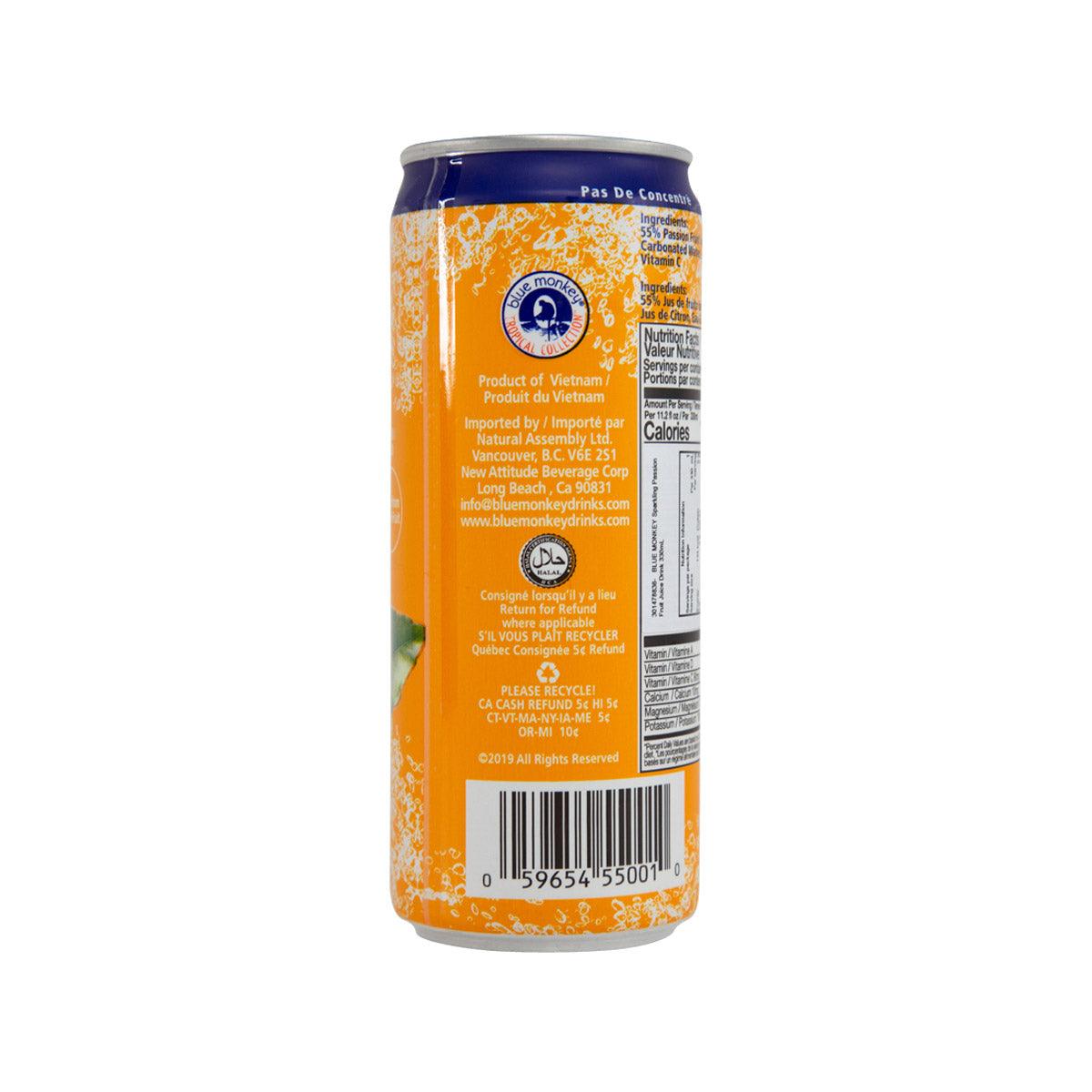 Orange sparkling passion fruit juice drink can, back label with ingredients and barcode