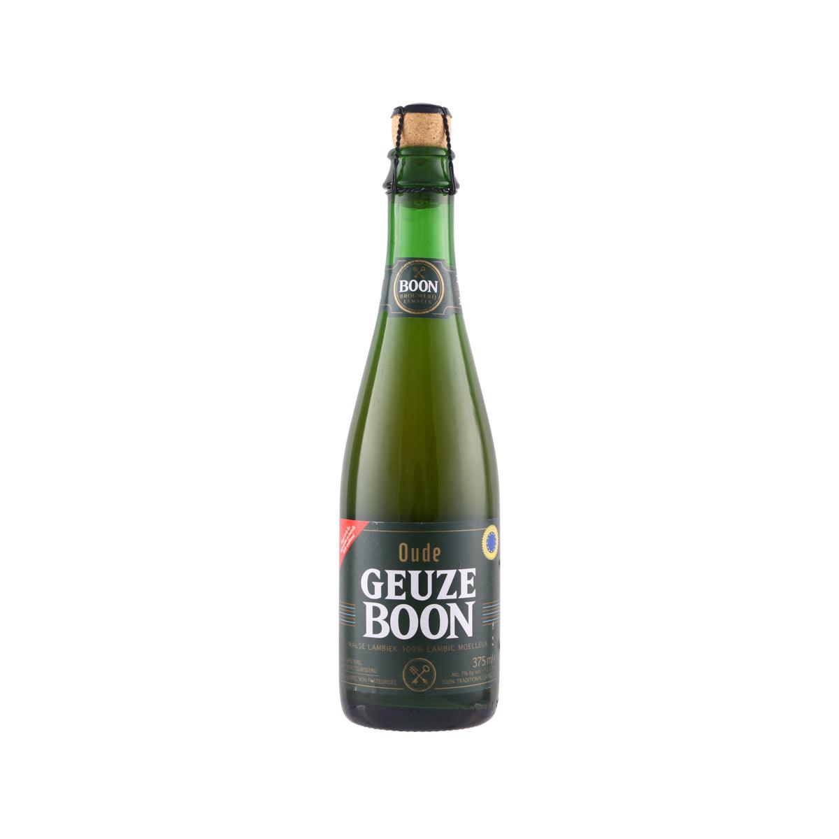 Green glass geuze beer bottle with BOON label and cork top