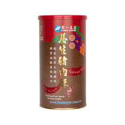 Nutritional pork shreds can, red lid and brown label with Chinese text