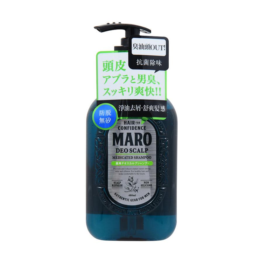 MARO DEO scalp shampoo bottle with black pump, blue label and 480 mL size