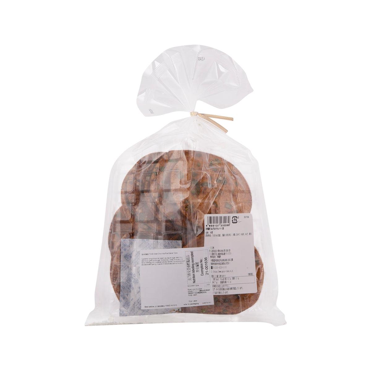 Green onion miso rice crackers in clear bag, tied, back label and barcode