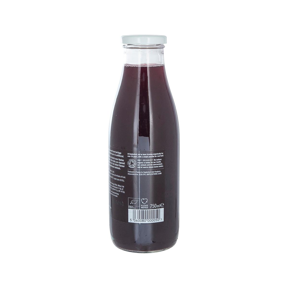 Daylesford Organic apple and bilberry juice bottle back label, 750 mL.