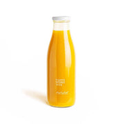 Organic orange juice bottle with orange liquid, white cap, 750 mL