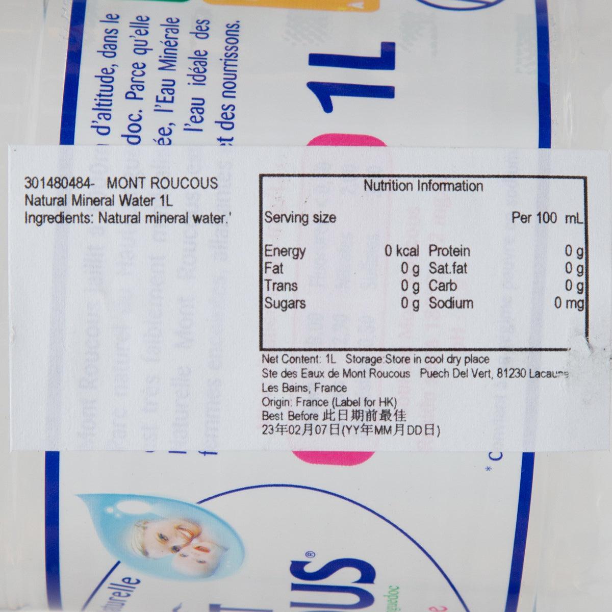 Natural mineral water label close-up with nutrition information panel