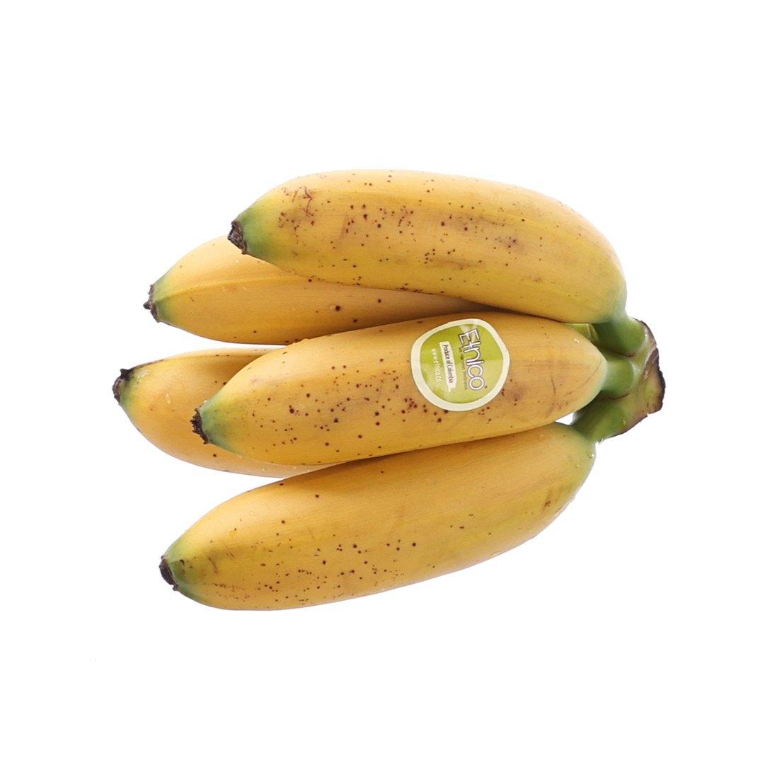 Colombian baby bananas, three yellow fruit with brown speckles, 600g