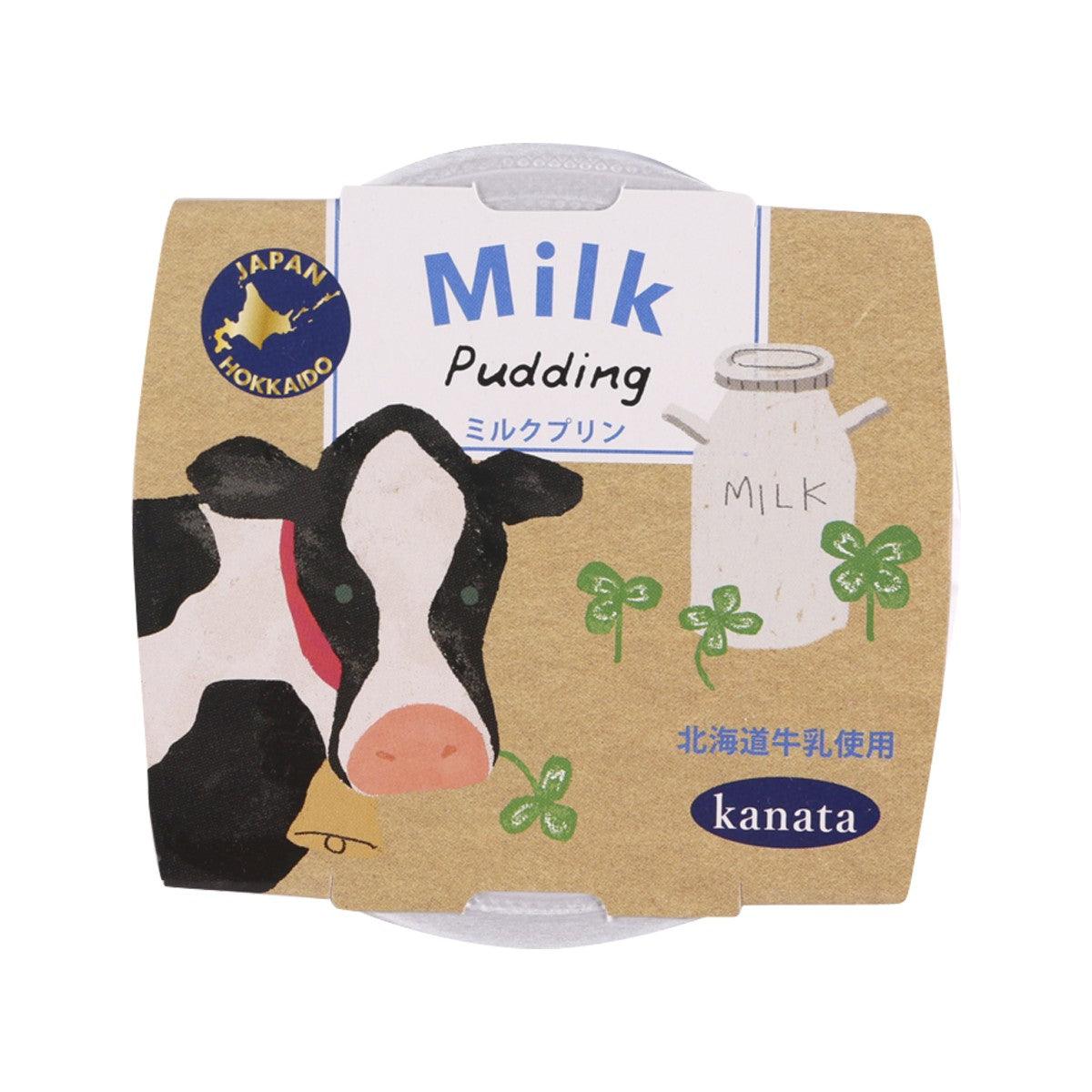 Milk pudding cup in brown and white cow-themed package with blue “Milk Pudding” label