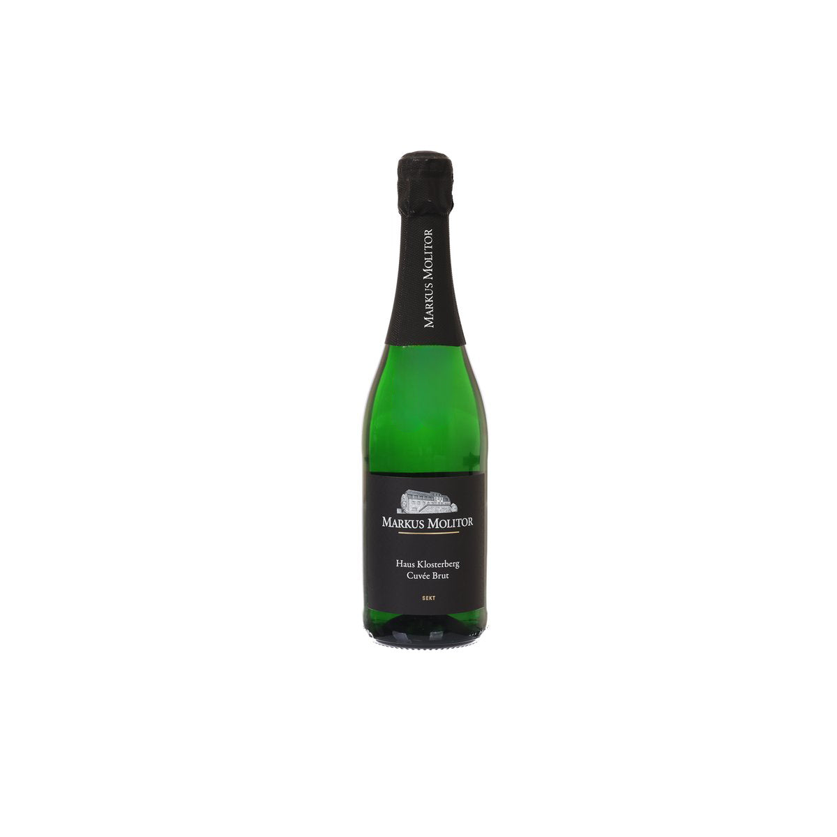 MARKUS MOLITOR sparkling wine bottle with green glass and black capsule, front label