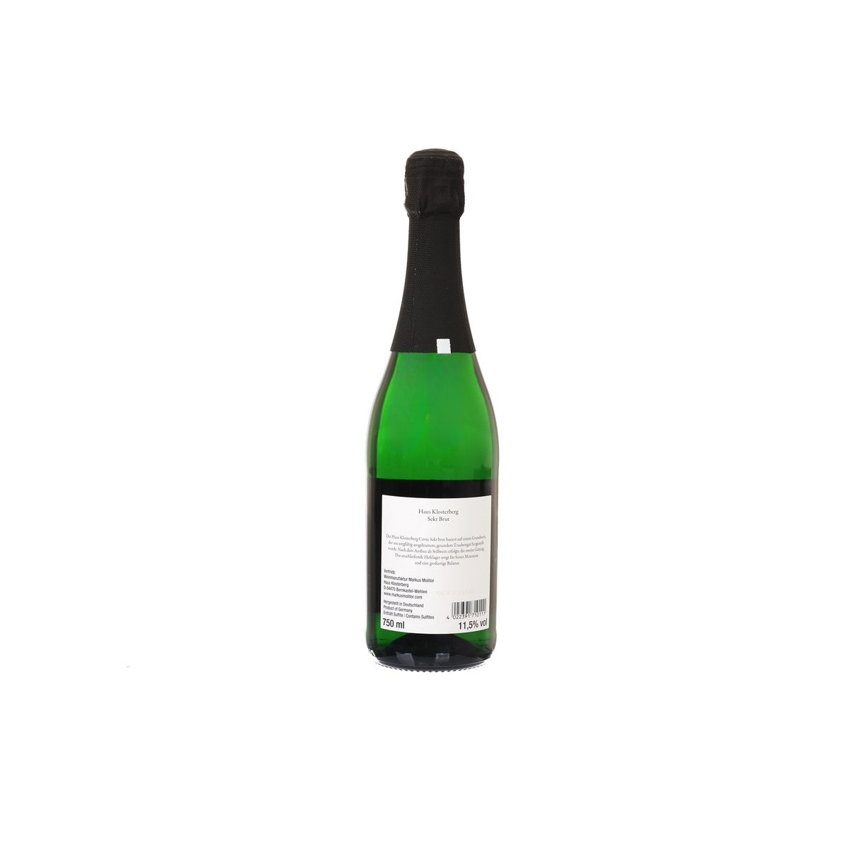 Sparkling wine bottle back label, green glass, black foil capsule