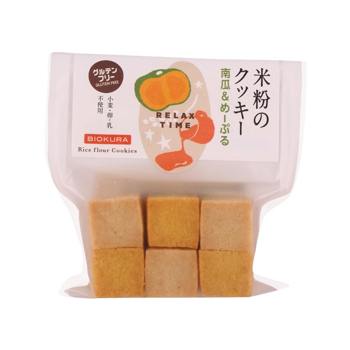 Rice flour cookie pack with 6 golden-brown square cookies in clear bag