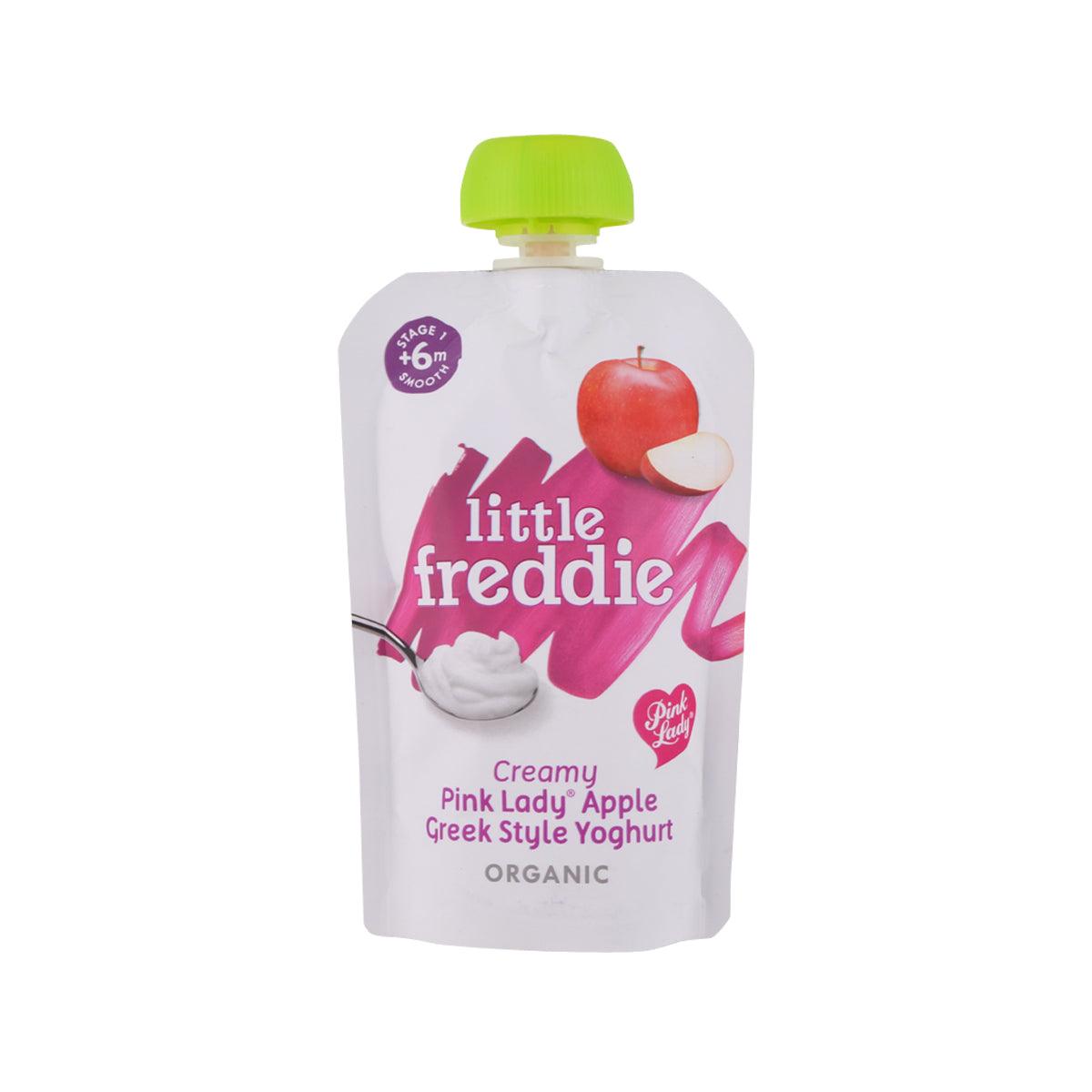 Creamy pink lady apple Greek-style yogurt pouch with green flip-top lid, front view.
