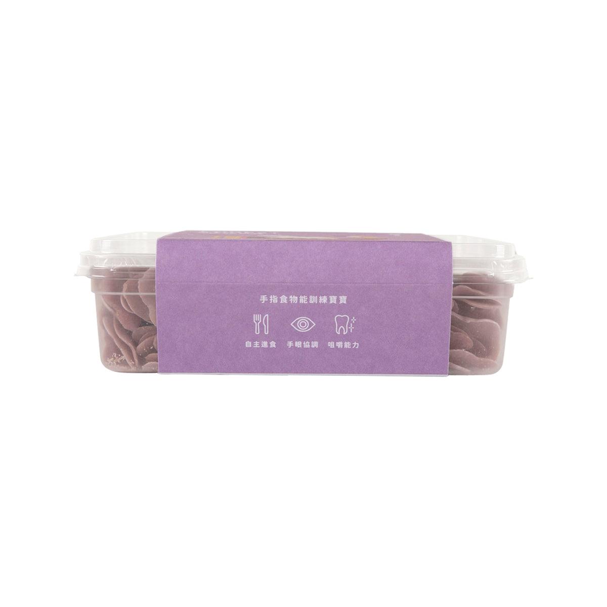 Purple sweet potato noodles tub with back label showing icons and barcode area