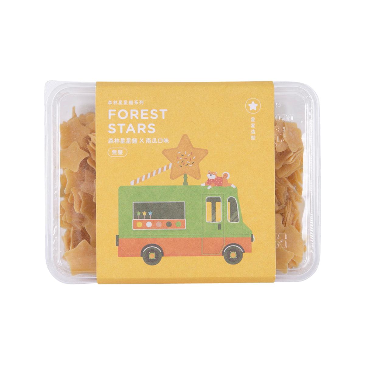 Pumpkin-flavored star-shaped noodles in clear plastic tray with Forest Stars label