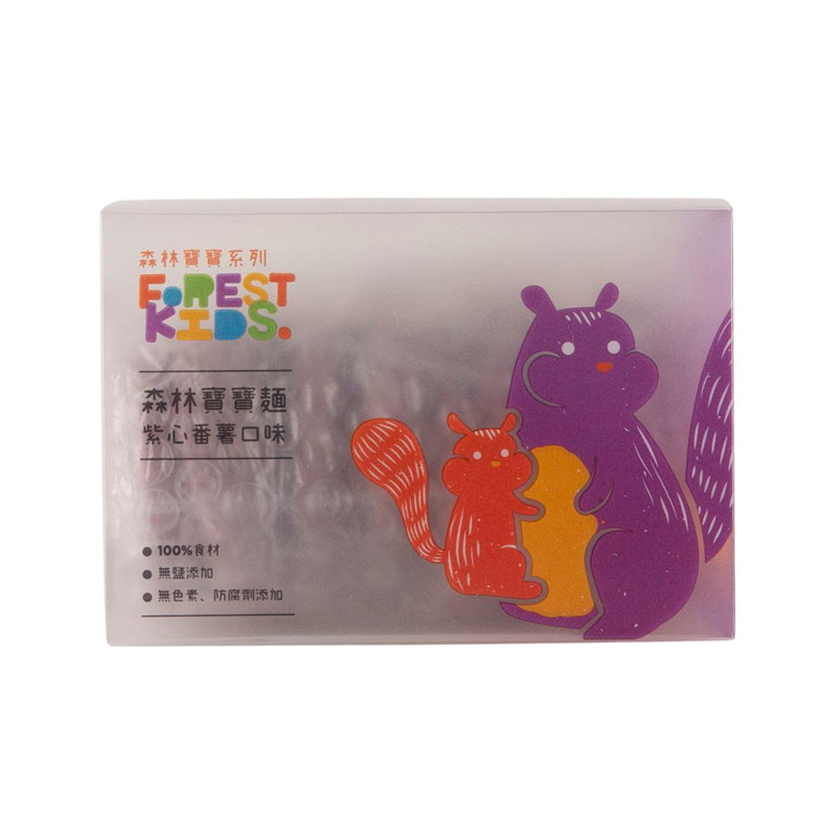 Purple sweet potato kids noodles box with illustrated squirrel and rabbit on front