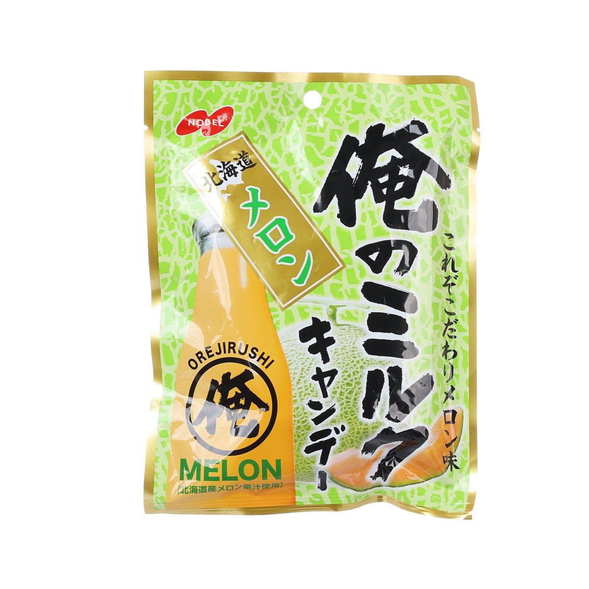 NOBEL melon flavor candy pouch, green front with logo and melon graphic