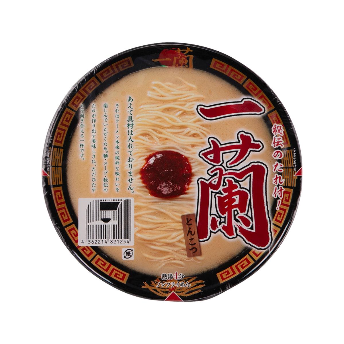 Instant tonkotsu noodle cup with lid showing ramen noodles and red paste, barcode label