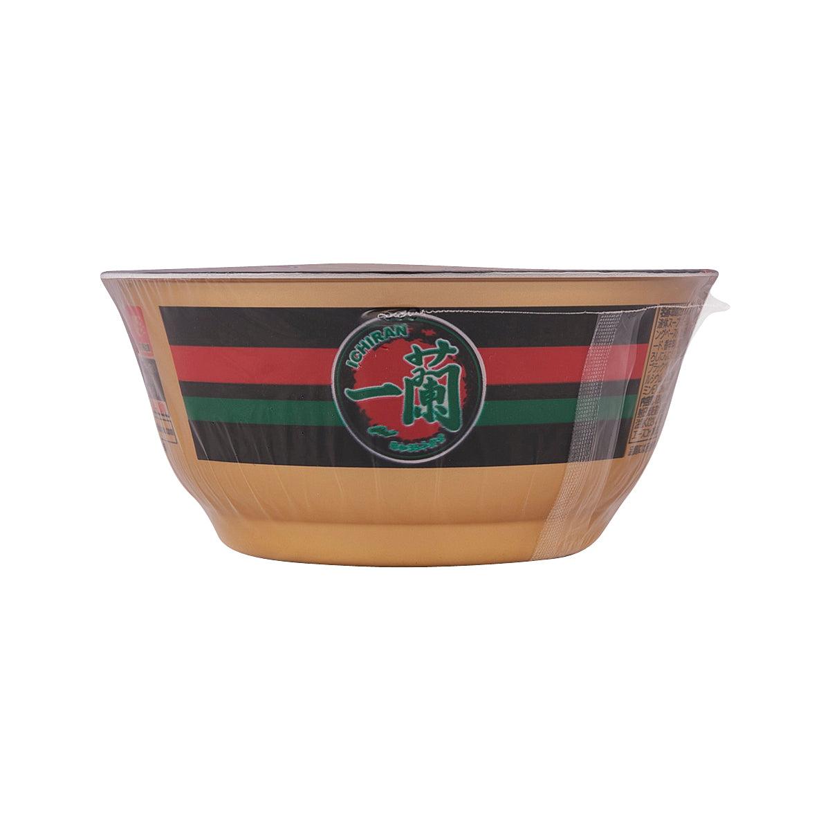 Instant noodle cup with green logo badge and beige broth surface, open rim