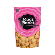 Caramel popcorn pouch in pink with Magi Planet logo and corn kernels graphic