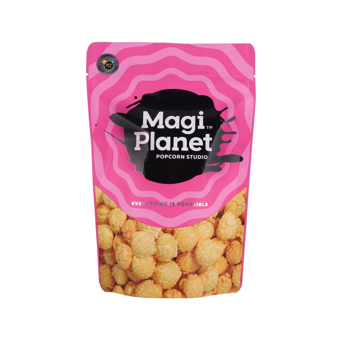 Caramel popcorn pouch in pink with Magi Planet logo and corn kernels graphic