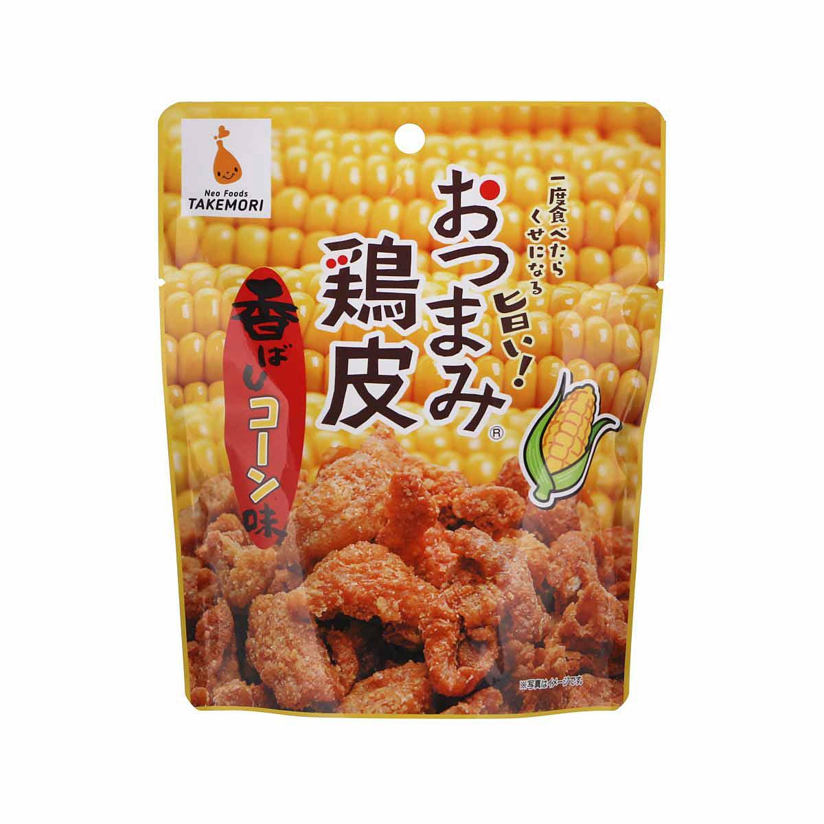 NEOFOODS chicken skin snack pouch, corn flavor, front with crunchy snack pieces