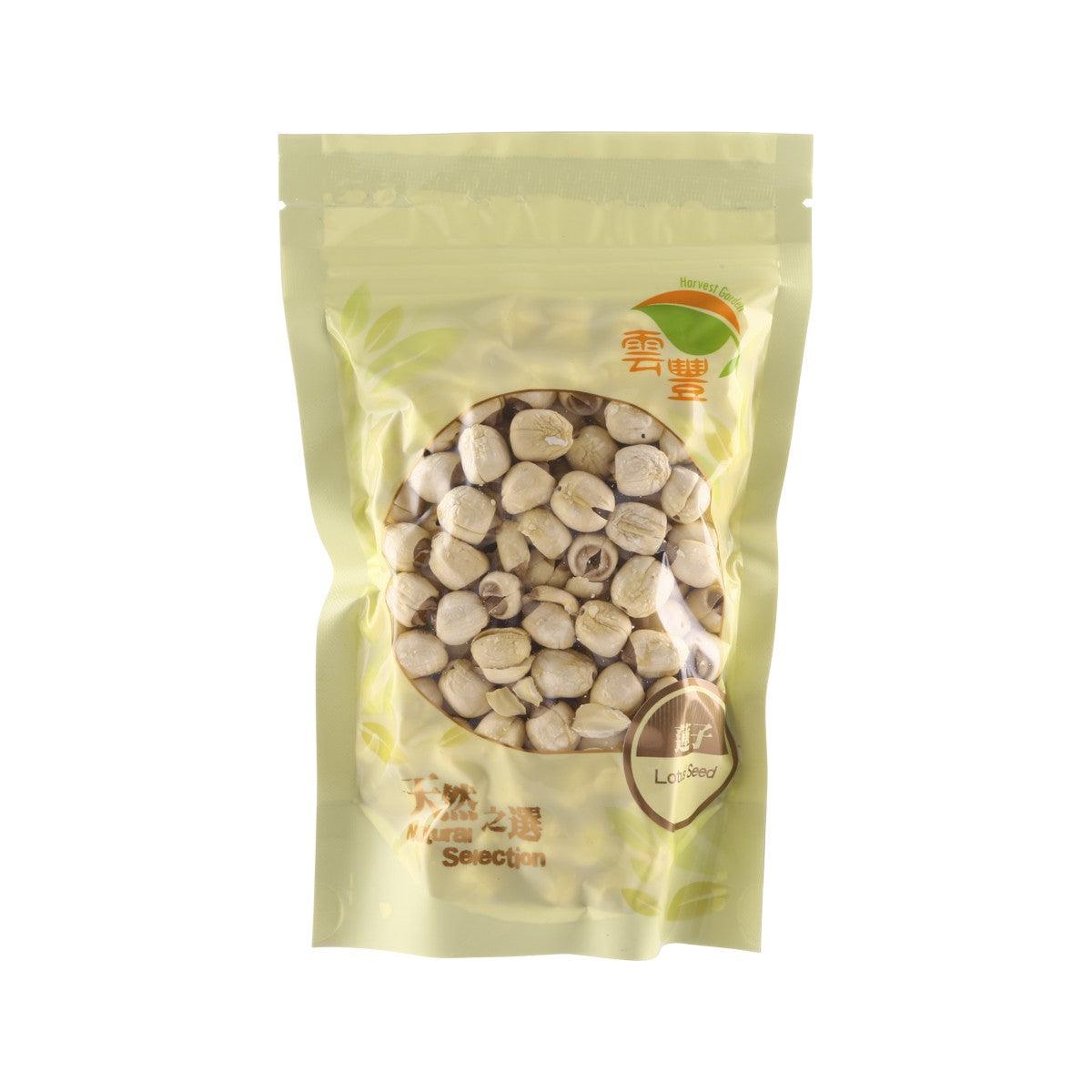 Dried lotus seeds in clear-view yellow resealable pouch