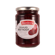 Baxters jar of crinkled beetroot in malt vinegar, red beet pieces under brine
