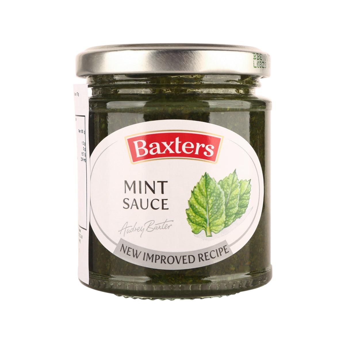 Baxters mint sauce in a glass jar with green sauce and metal lid