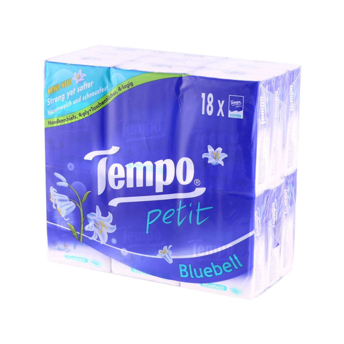 Tempo Petit pocket tissue pack, Bluebell blue floral print, side view, 18-count