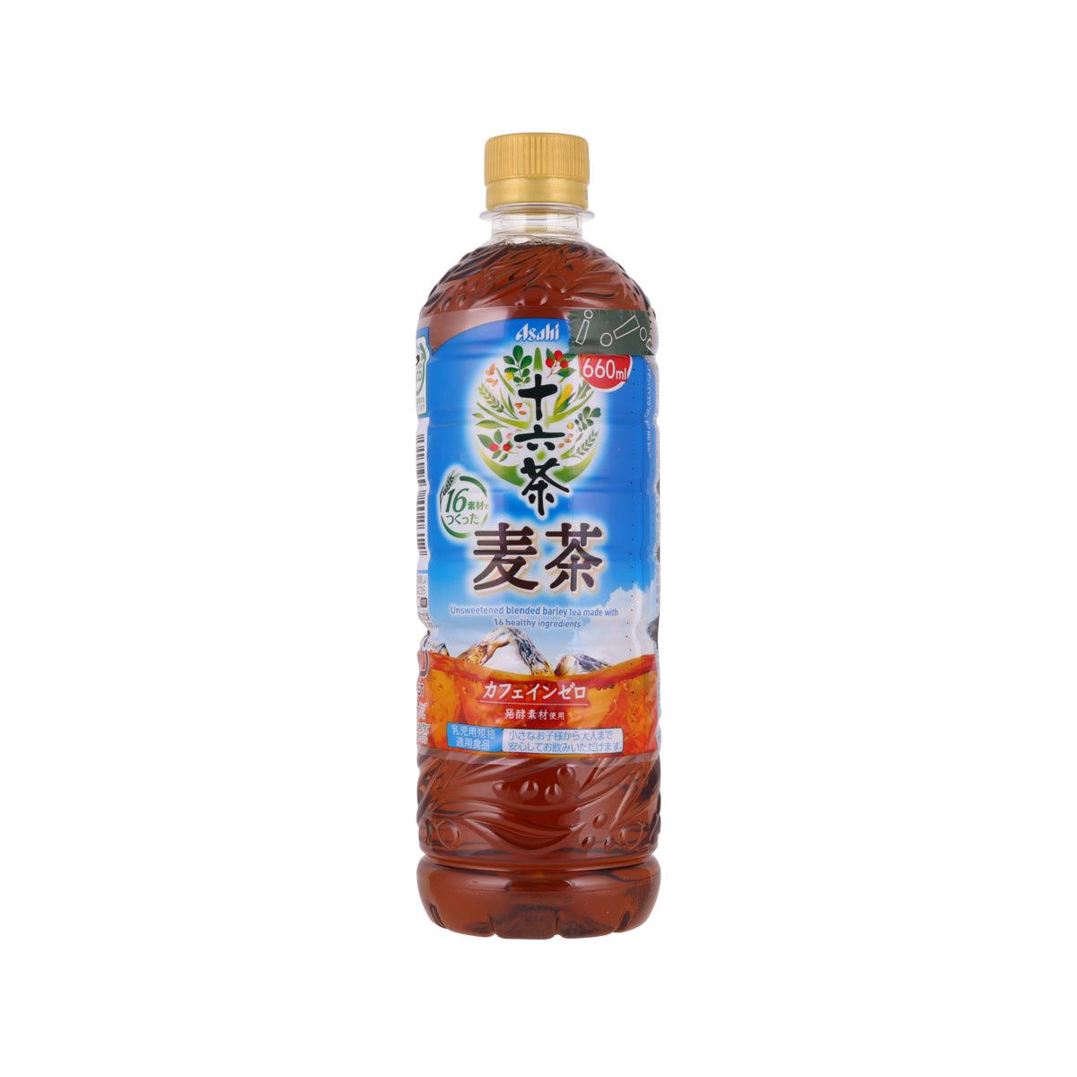 ASAHI barley tea bottle, 660 mL; blue and brown front label with Japanese characters