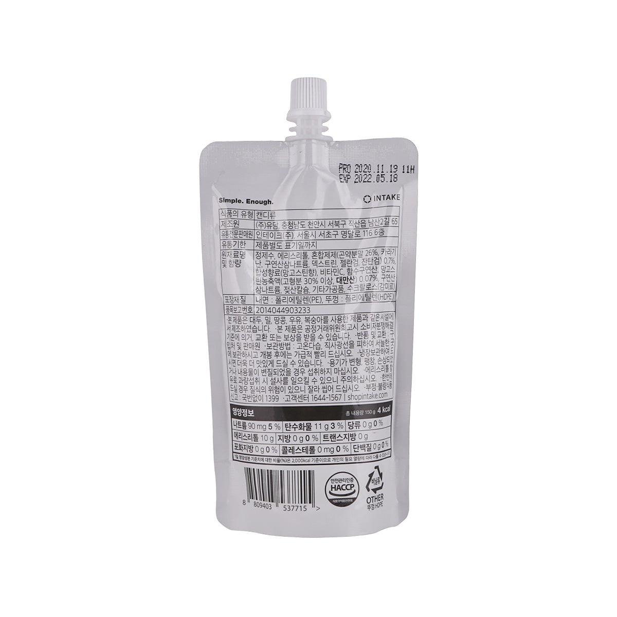 Konjac jelly drink pouch back label with nutrition and ingredients, 150g