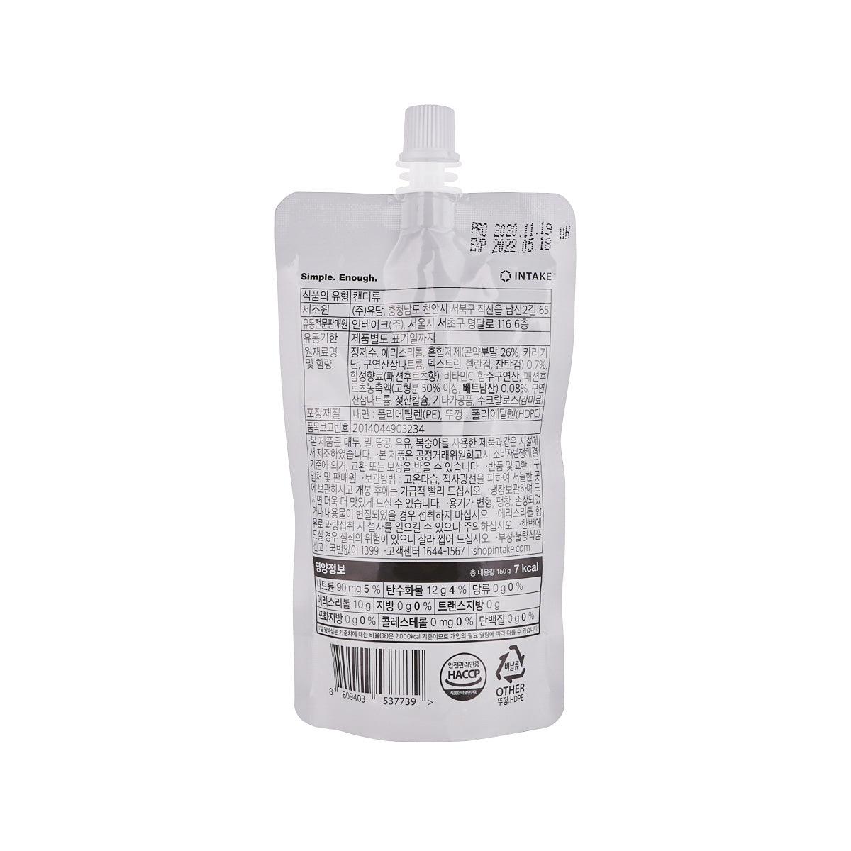 Konjac jelly drink pouch back label with ingredients and barcode, 150g
