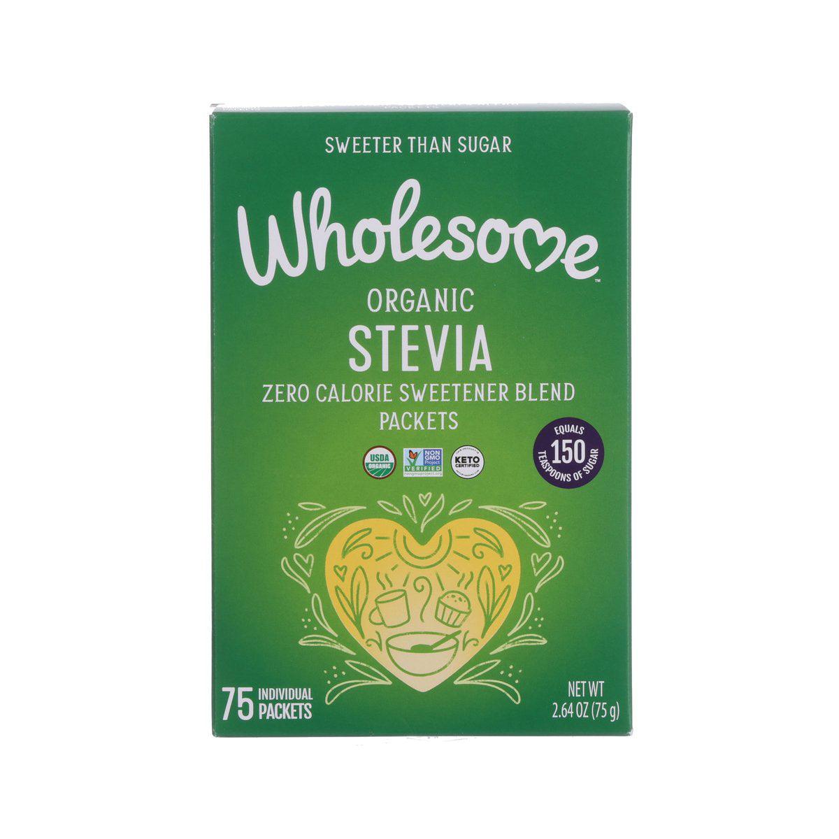 Wholesome Organic Stevia zero-calorie sweetener blend box, 75 individual packets
