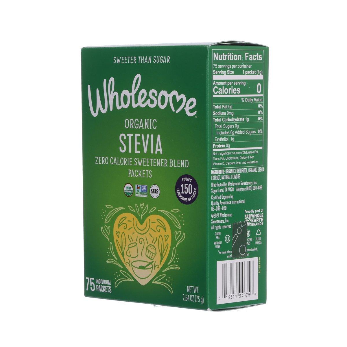 Wholesome Organic Stevia zero-calorie sweetener blend box with Nutrition Facts panel