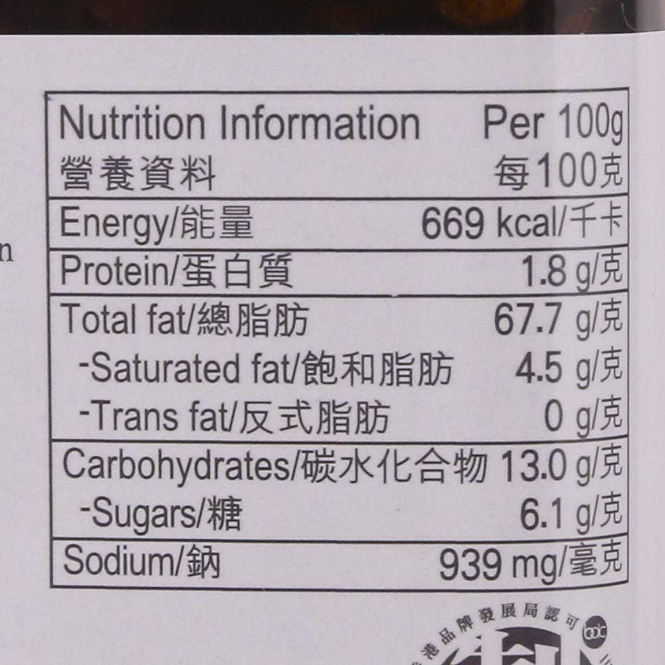 Nutrition information panel for shallot and onion sauce, per 100g.