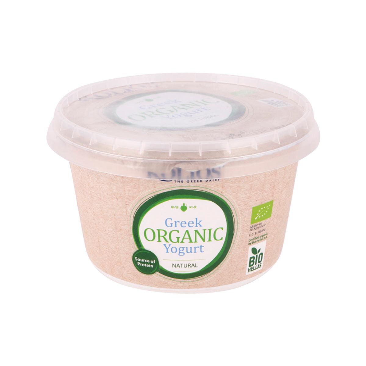 Tub of Greek organic natural yogurt, 500g, with green label and plastic lid