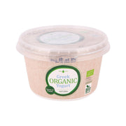 Tub of Greek organic natural yogurt, 500g, with green label and plastic lid